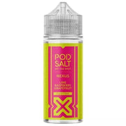 A 100ml bottle of Pod Salt Nexus e-liquid with a lime raspberry grapefruit flavor theme in a yellow and pink color scheme.